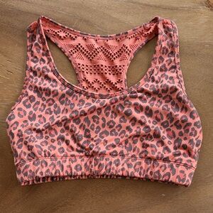 ZYIA Coral and Black Leopard Racerback Sports Bra with Crochet Back